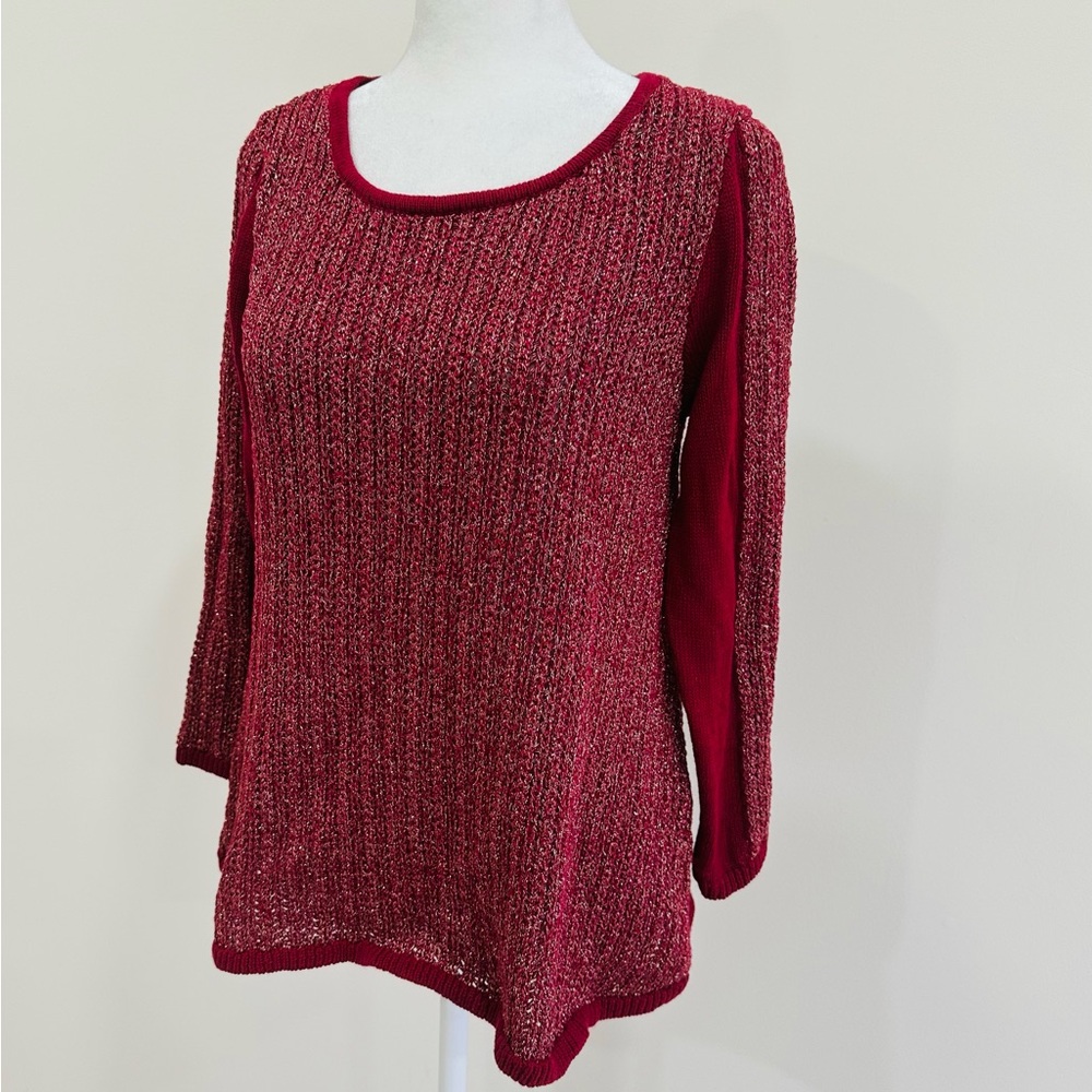Lucky Brand Sweater Womens Small Crochet Knit‎ Metallic Top Red Gold Fall  NWT